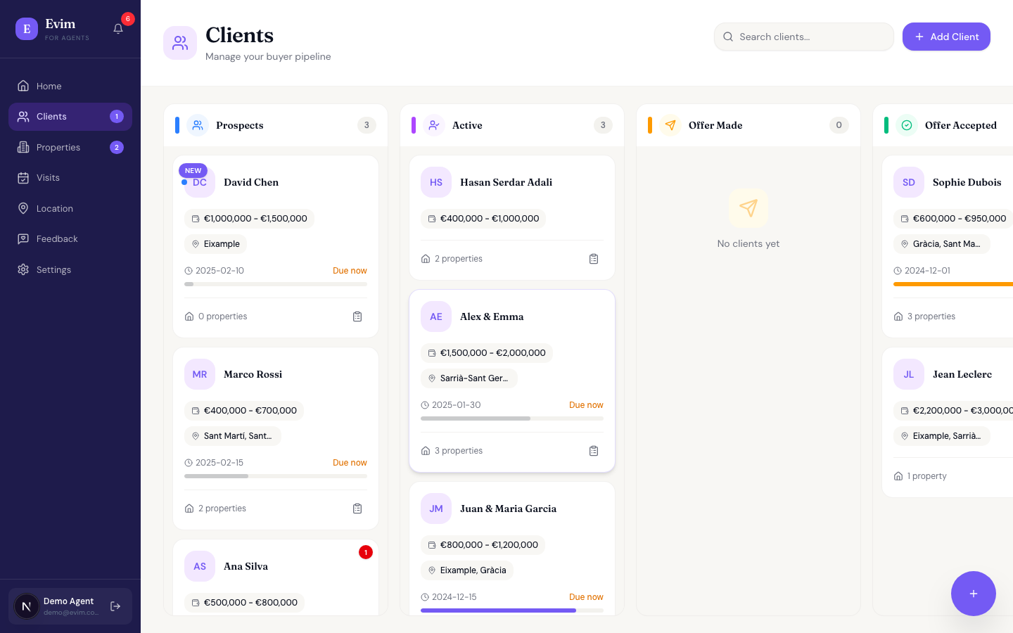Clients Kanban board with pipeline stages from New Prospect to Closed Won