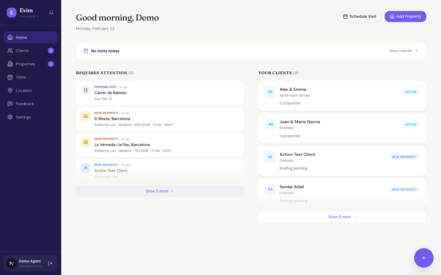 Evim agent dashboard showing active clients, properties shared, action items, and weekly calendar