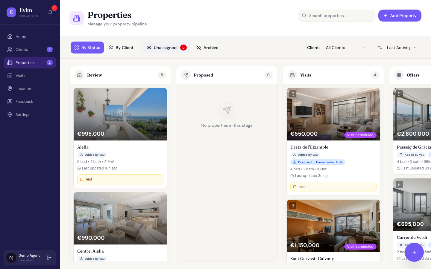 Properties Kanban board with listing status columns